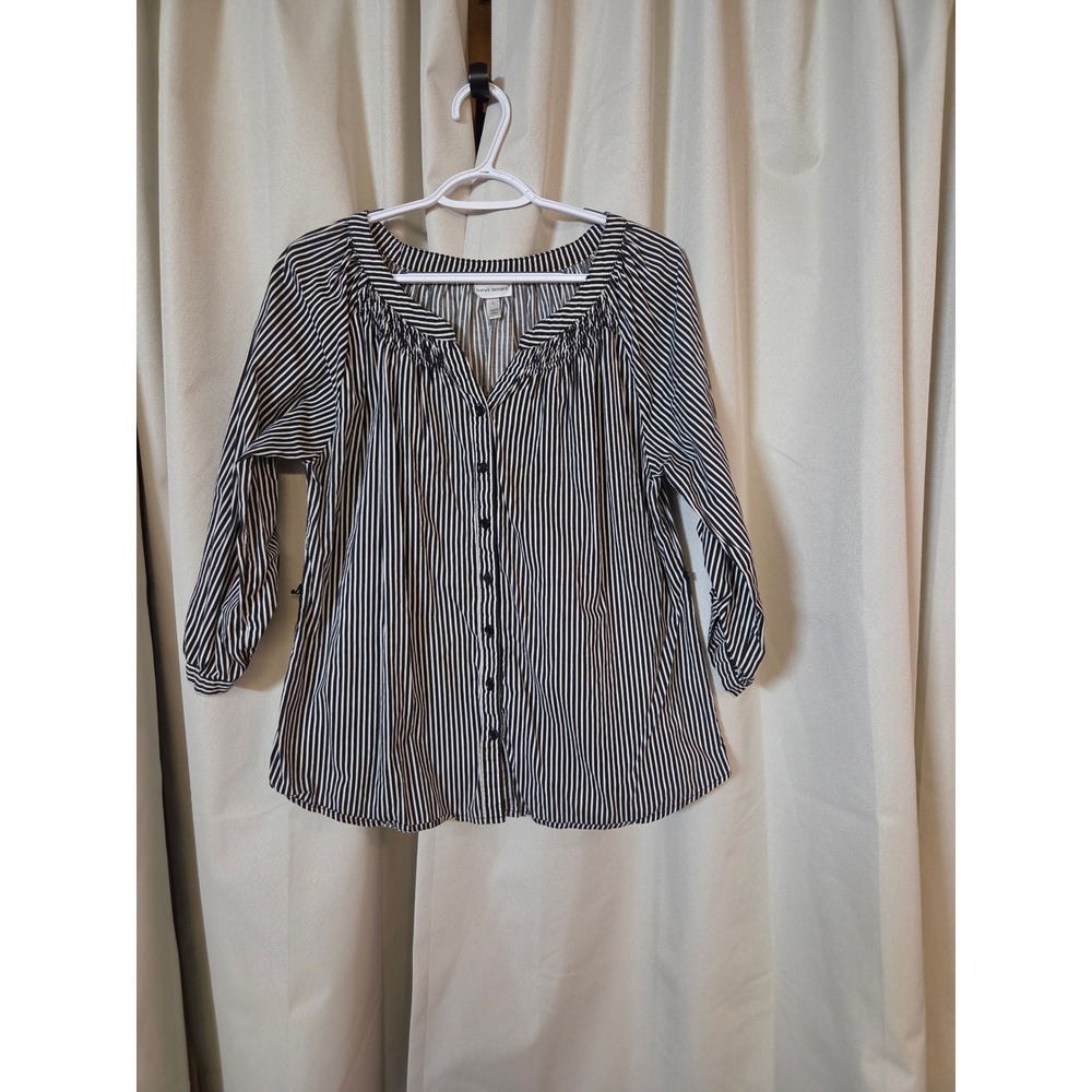 Harve Benard Womens Black White Striped Roll Tab Sleeve Button Front Blouse L